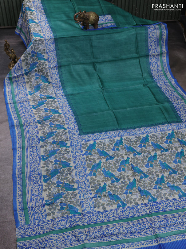 Pure tussar silk saree teal green and cream blue with plain body and long blocked printed border