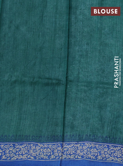 Pure tussar silk saree teal green and cream blue with plain body and long blocked printed border