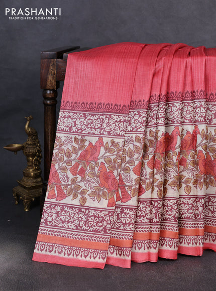 Pure tussar silk saree dark peach and cream with plain body and long blocked printed border