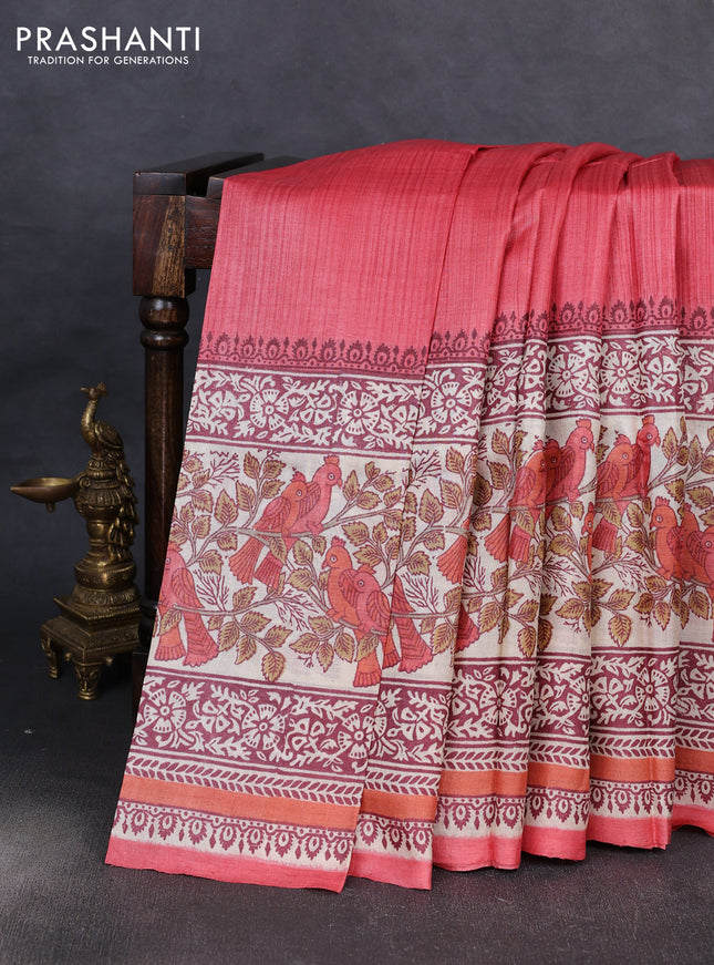 Pure tussar silk saree dark peach and cream with plain body and long blocked printed border