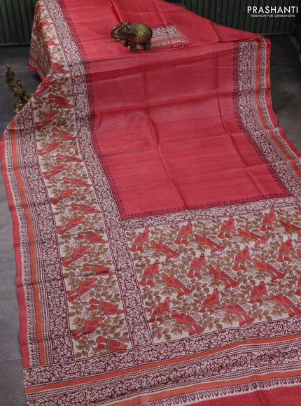 Pure tussar silk saree dark peach and cream with plain body and long blocked printed border