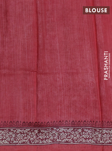 Pure tussar silk saree dark peach and cream with plain body and long blocked printed border