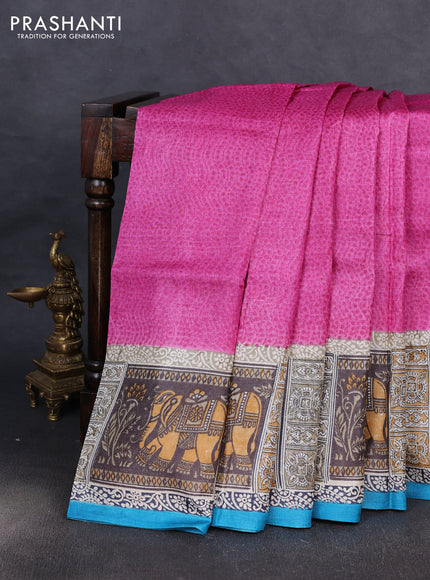 Pure tussar silk saree pink and beige cs blue with plain body and blocked printed pallu & border