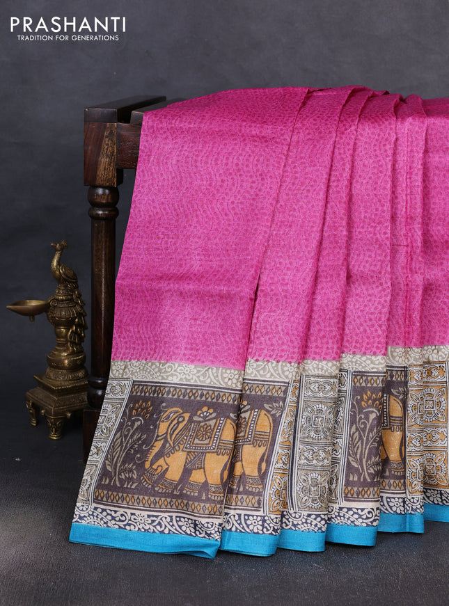 Pure tussar silk saree pink and beige cs blue with plain body and blocked printed pallu & border