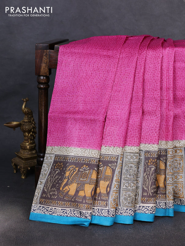 Pure tussar silk saree pink and beige cs blue with plain body and blocked printed pallu & border