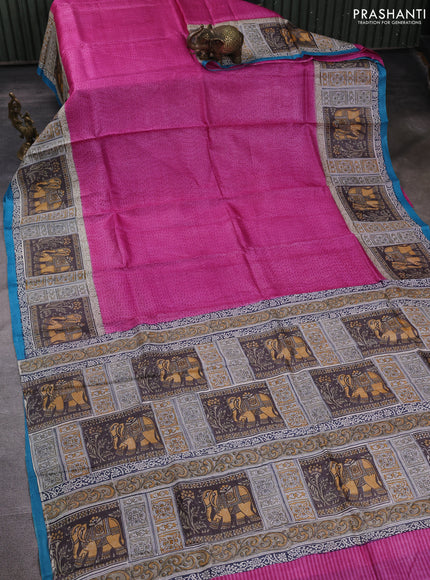 Pure tussar silk saree pink and beige cs blue with plain body and blocked printed pallu & border