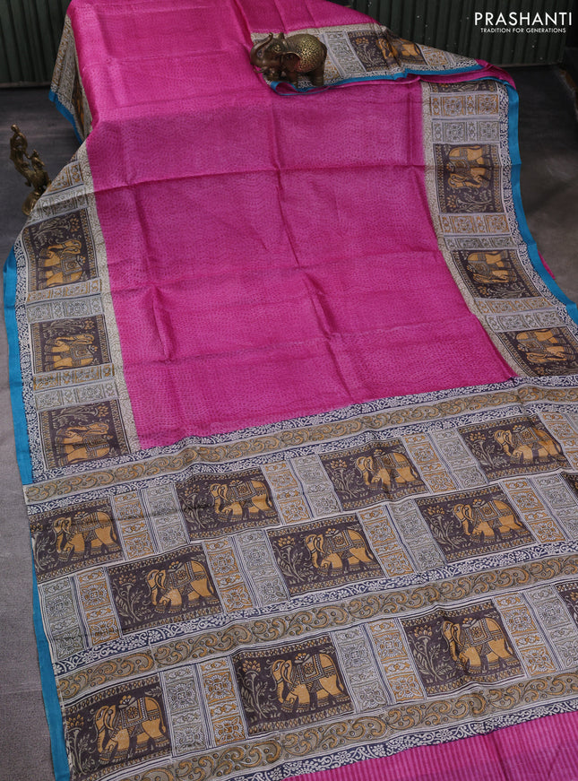 Pure tussar silk saree pink and beige cs blue with plain body and blocked printed pallu & border