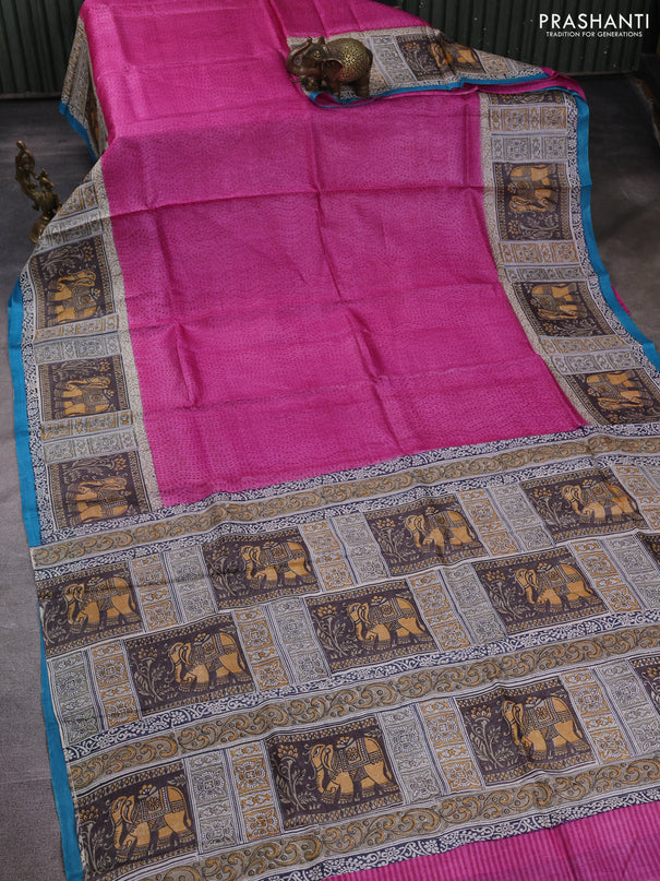 Pure tussar silk saree pink and beige cs blue with plain body and blocked printed pallu & border