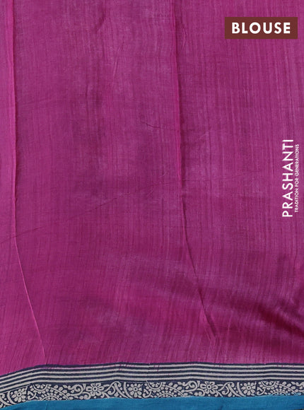 Pure tussar silk saree pink and beige cs blue with plain body and blocked printed pallu & border