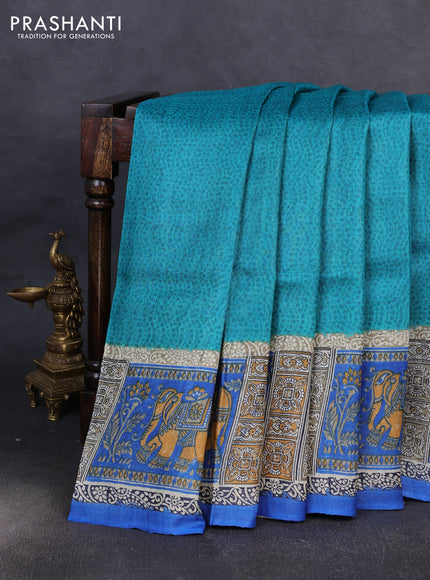 Pure tussar silk saree teal green and beige blue with plain body and blocked printed pallu & border