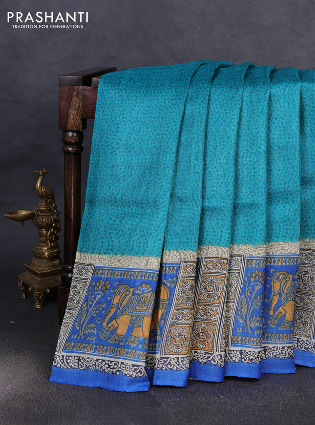 Pure tussar silk saree teal green and beige blue with plain body and blocked printed pallu & border