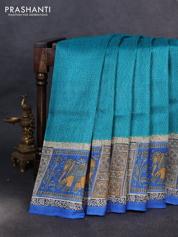 Pure tussar silk saree teal green and beige blue with plain body and blocked printed pallu & border