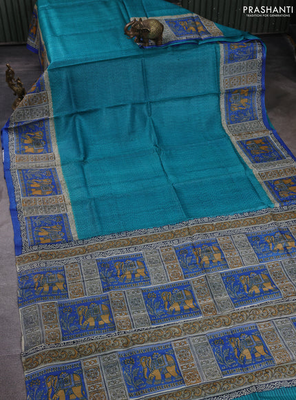 Pure tussar silk saree teal green and beige blue with plain body and blocked printed pallu & border