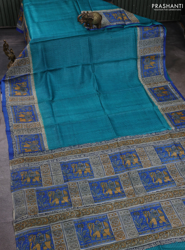 Pure tussar silk saree teal green and beige blue with plain body and blocked printed pallu & border