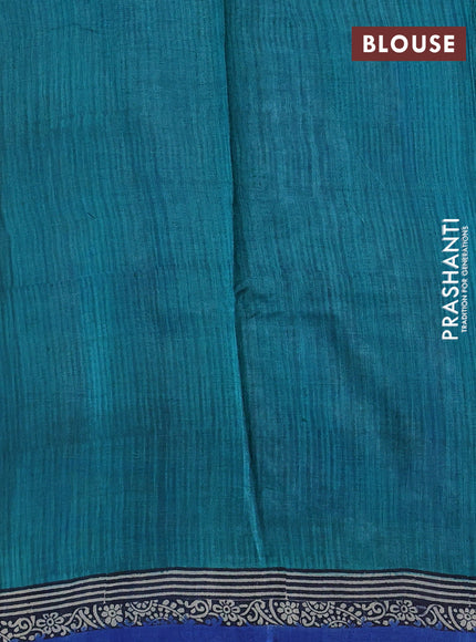 Pure tussar silk saree teal green and beige blue with plain body and blocked printed pallu & border