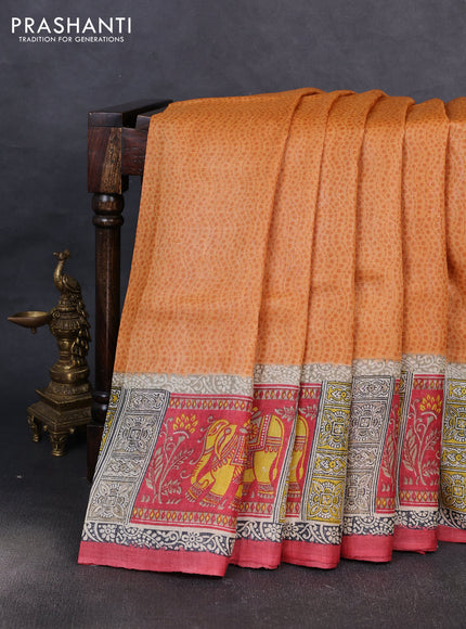 Pure tussar silk saree mustard yellow and beige red with plain body and blocked printed pallu & border