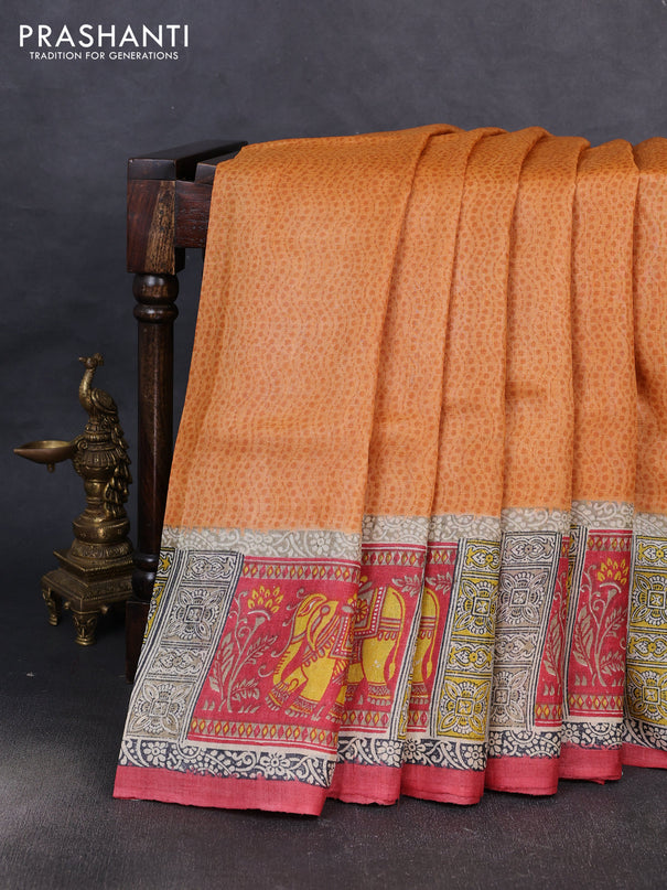 Pure tussar silk saree mustard yellow and beige red with plain body and blocked printed pallu & border