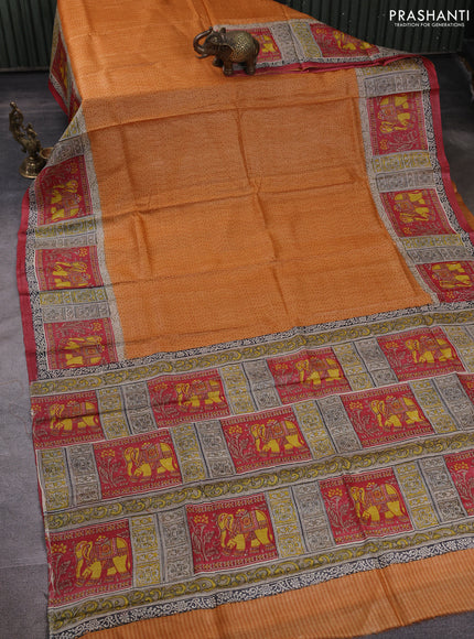 Pure tussar silk saree mustard yellow and beige red with plain body and blocked printed pallu & border