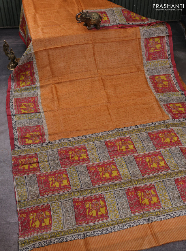 Pure tussar silk saree mustard yellow and beige red with plain body and blocked printed pallu & border