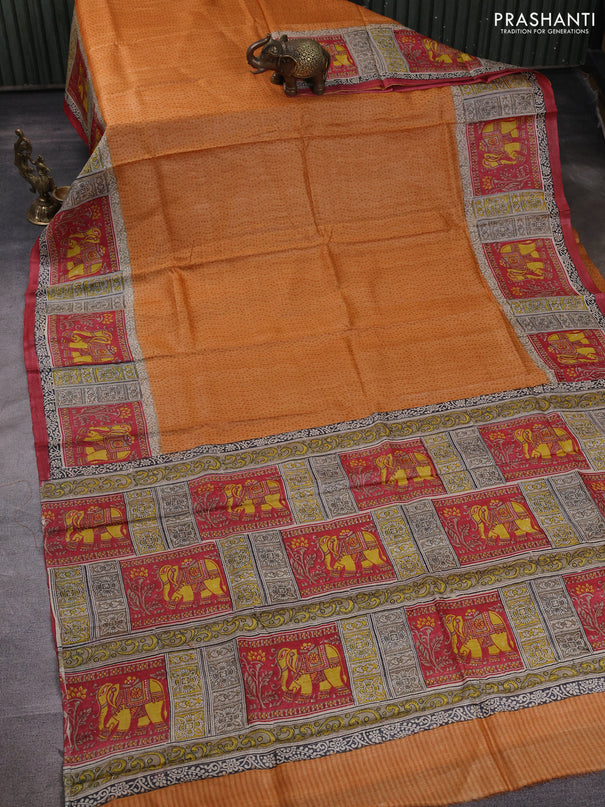 Pure tussar silk saree mustard yellow and beige red with plain body and blocked printed pallu & border