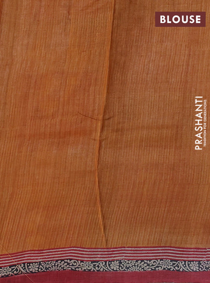 Pure tussar silk saree mustard yellow and beige red with plain body and blocked printed pallu & border