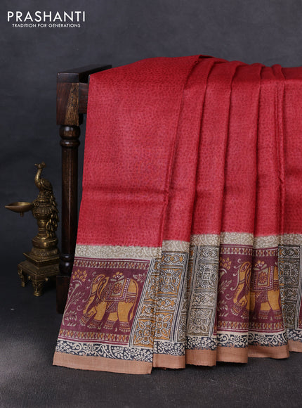 Pure tussar silk saree red and beige sandal with plain body and blocked printed pallu & border