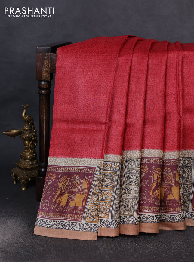 Pure tussar silk saree red and beige sandal with plain body and blocked printed pallu & border