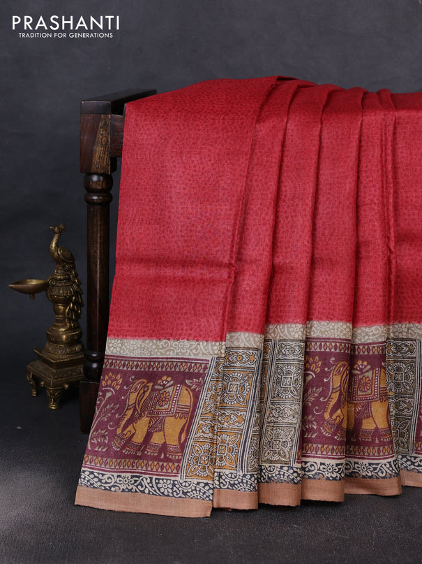 Pure tussar silk saree red and beige sandal with plain body and blocked printed pallu & border