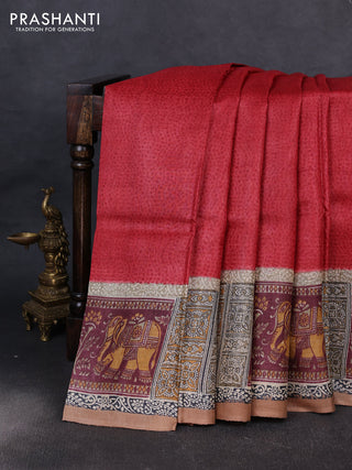 Pure tussar silk saree red and beige sandal with plain body and blocked printed pallu & border