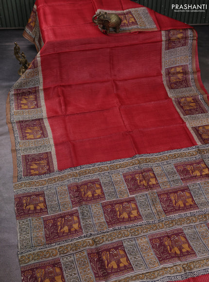 Pure tussar silk saree red and beige sandal with plain body and blocked printed pallu & border