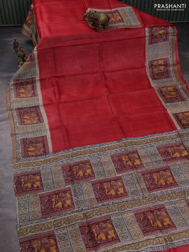 Pure tussar silk saree red and beige sandal with plain body and blocked printed pallu & border