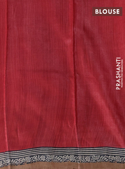 Pure tussar silk saree red and beige sandal with plain body and blocked printed pallu & border