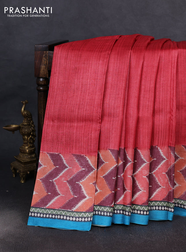 Pure tussar silk saree red and multi colour with plain body and long blocked printed border