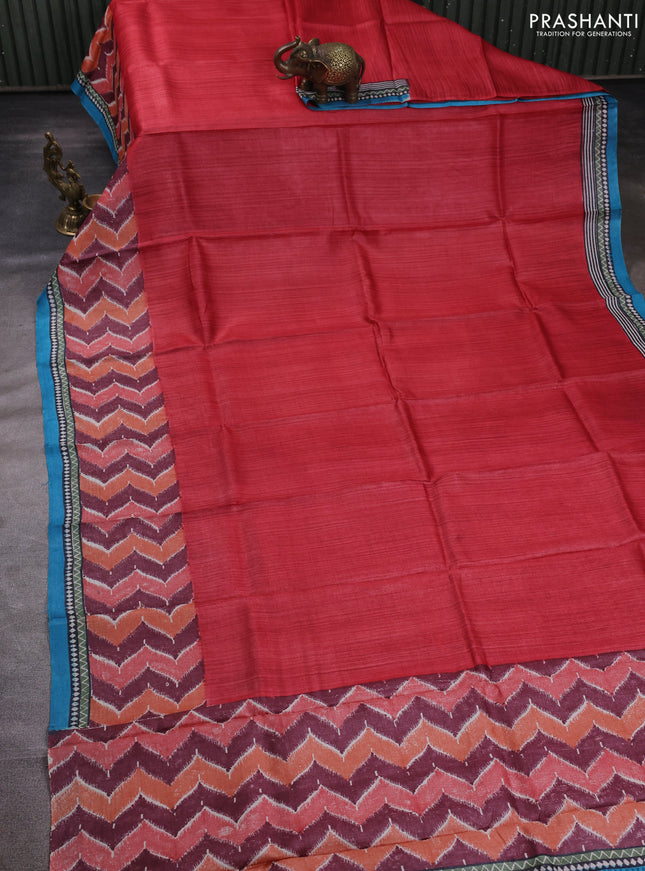 Pure tussar silk saree red and multi colour with plain body and long blocked printed border