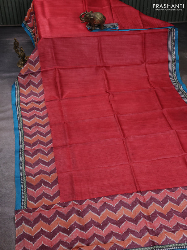 Pure tussar silk saree red and multi colour with plain body and long blocked printed border