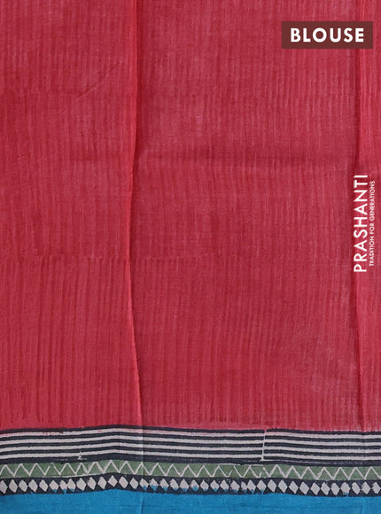 Pure tussar silk saree red and multi colour with plain body and long blocked printed border