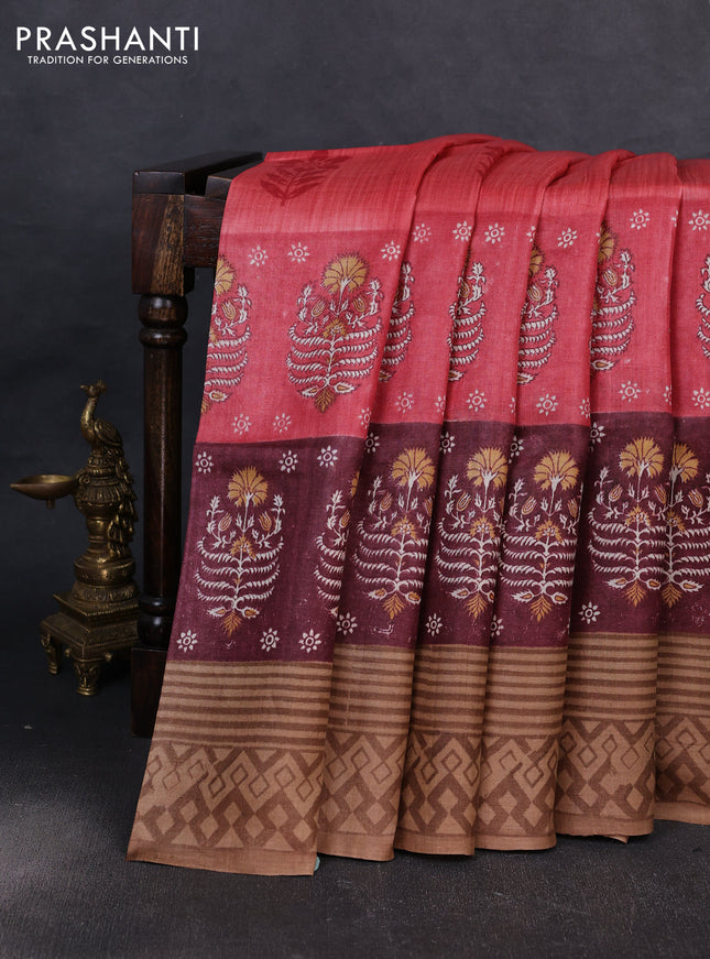 Pure tussar silk saree peach shade and deep maroon sandal with floral butta block prints and long blocked printed border