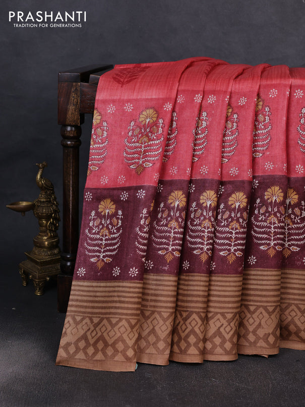 Pure tussar silk saree peach shade and deep maroon sandal with floral butta block prints and long blocked printed border