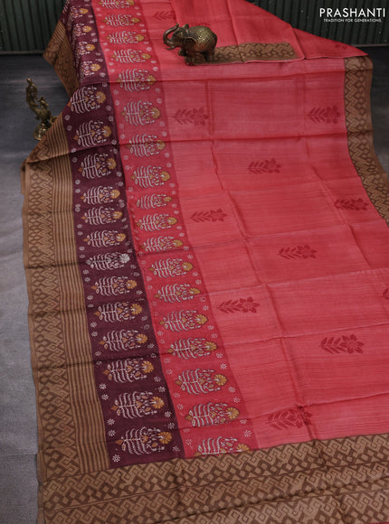 Pure tussar silk saree peach shade and deep maroon sandal with floral butta block prints and long blocked printed border