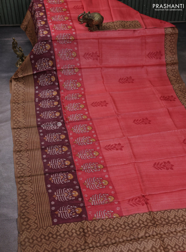 Pure tussar silk saree peach shade and deep maroon sandal with floral butta block prints and long blocked printed border