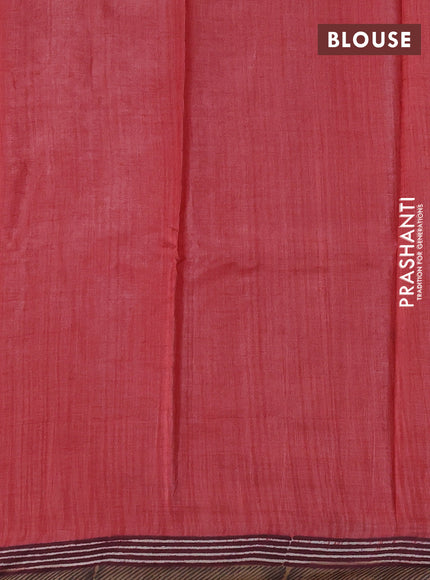 Pure tussar silk saree peach shade and deep maroon sandal with floral butta block prints and long blocked printed border