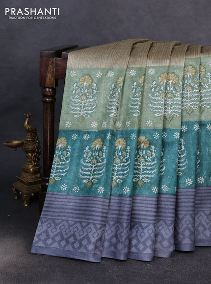 Pure tussar silk saree elaichi green and teal green grey with floral butta block prints and long blocked printed border