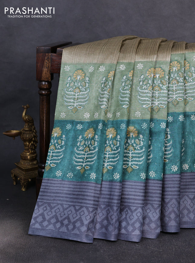 Pure tussar silk saree elaichi green and teal green grey with floral butta block prints and long blocked printed border