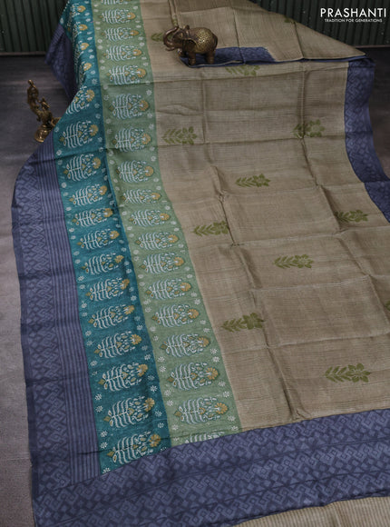 Pure tussar silk saree elaichi green and teal green grey with floral butta block prints and long blocked printed border