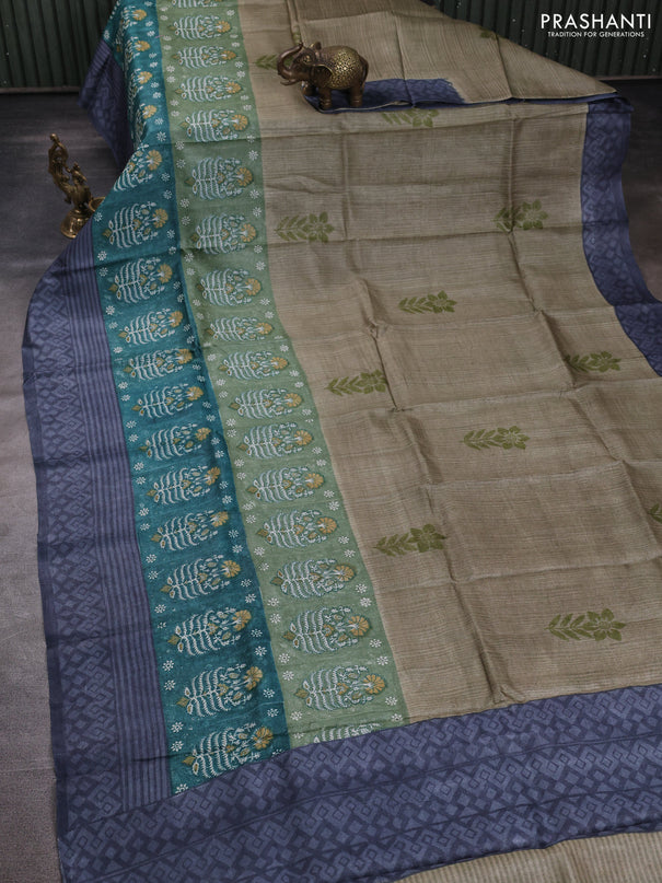 Pure tussar silk saree elaichi green and teal green grey with floral butta block prints and long blocked printed border