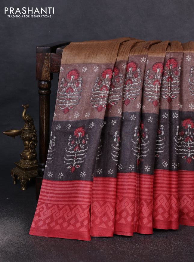 Pure tussar silk saree sandal and red greyish brown with floral butta block prints and long blocked printed border