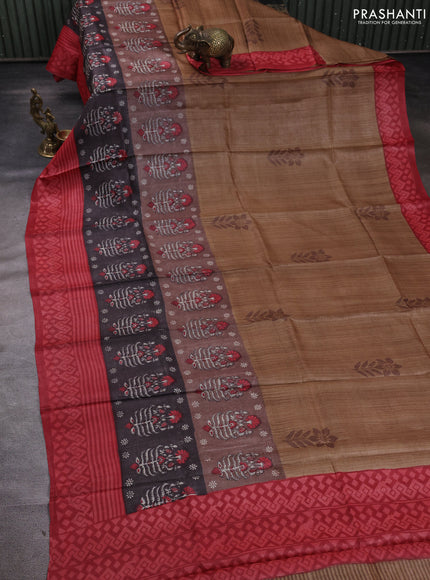 Pure tussar silk saree sandal and red greyish brown with floral butta block prints and long blocked printed border