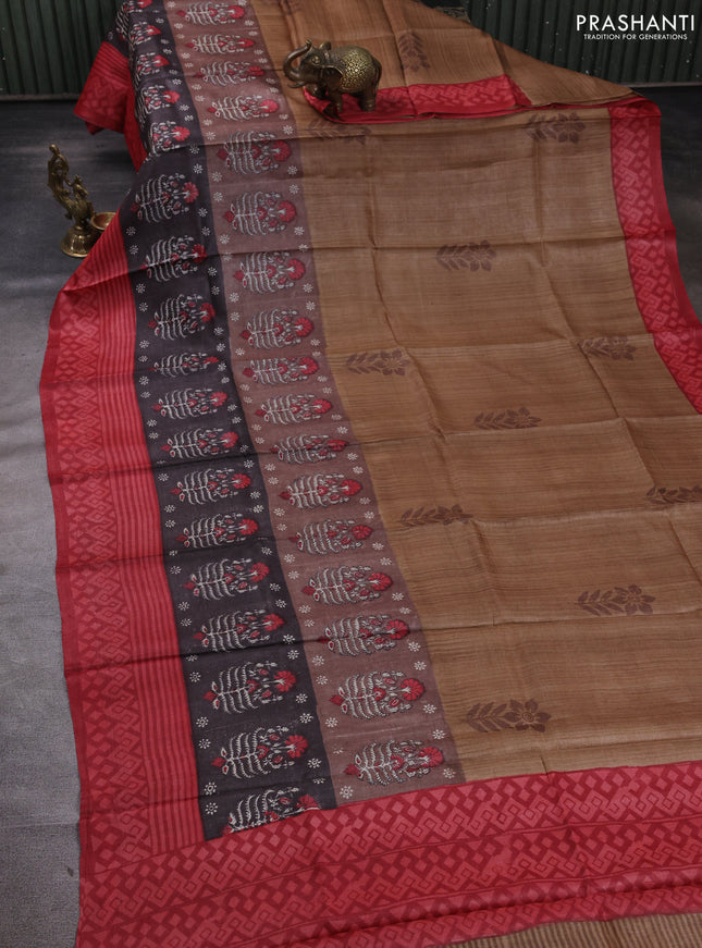 Pure tussar silk saree sandal and red greyish brown with floral butta block prints and long blocked printed border