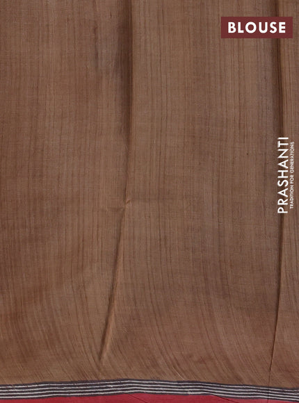 Pure tussar silk saree sandal and red greyish brown with floral butta block prints and long blocked printed border