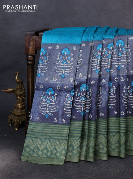 Pure tussar silk saree teal blue and navy blue green with plain body and long blocked printed border